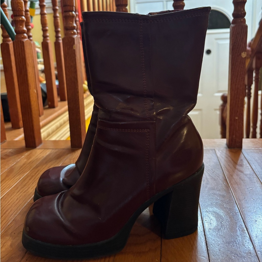 Dark Red Leather Chunky Heeled Boots